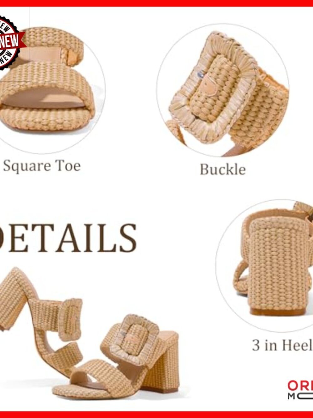 Woven Raffia Heeled Mules with Square Toe and Chunky Block Heels - Picture 6 of 6